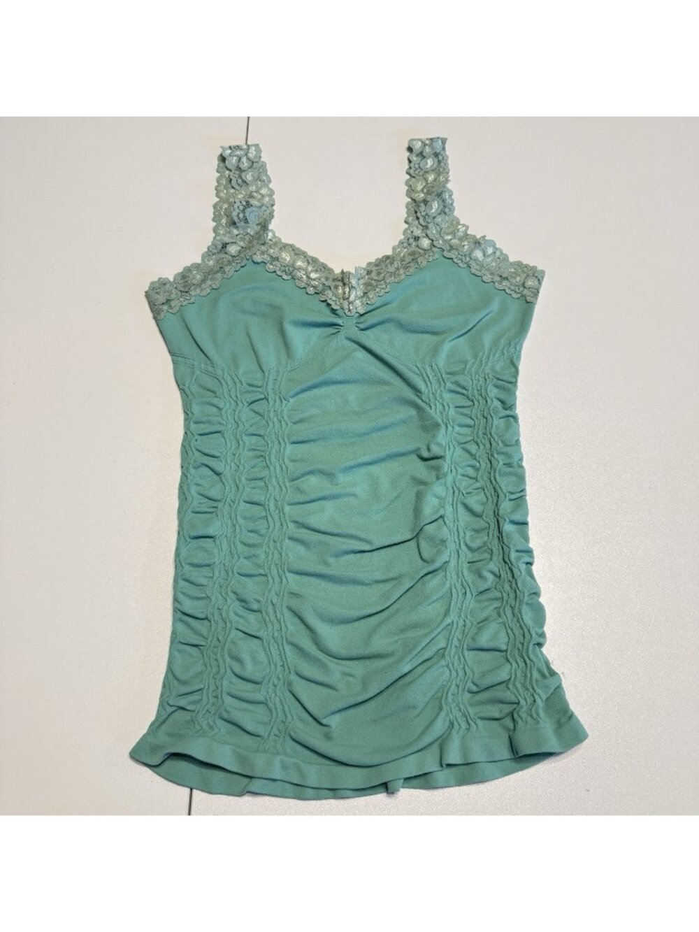 VTG Y2K M. Rena Lace Trim Ruched Babydoll Tank Top Cami Made in USA Grunge Teal